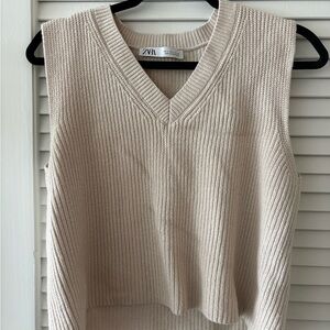 Zara Cream Ribbed V-Neck Sweater Top